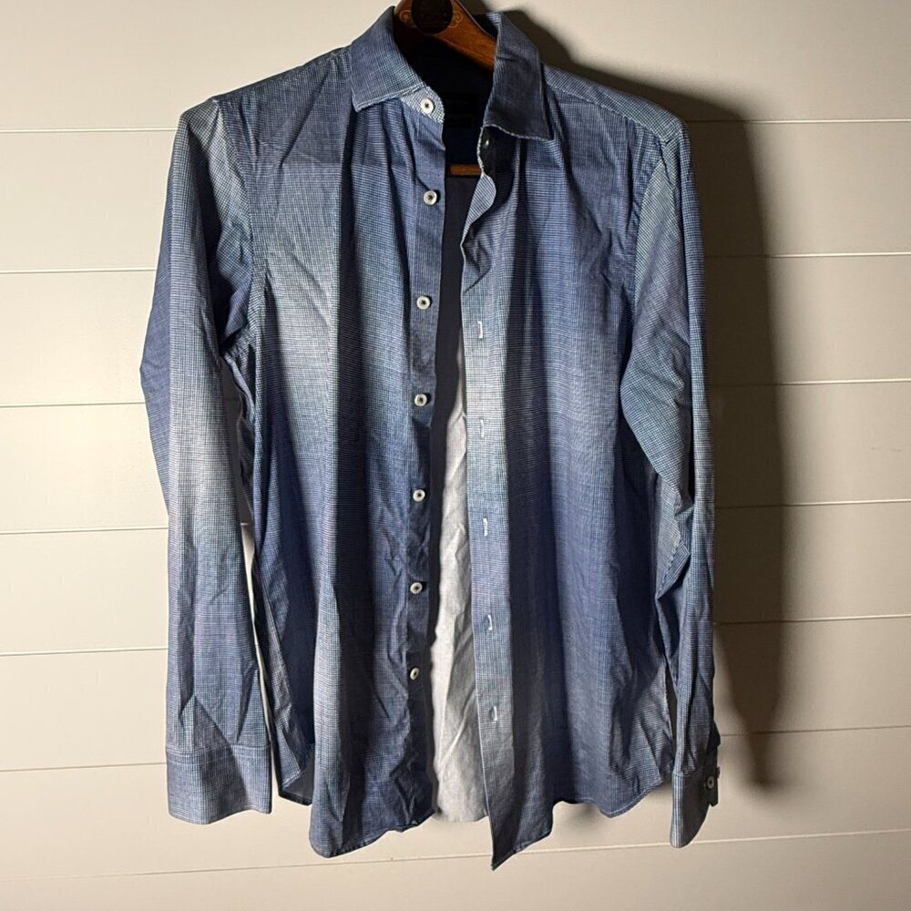 Bugatchi Long Sleeve Button Up Shirt 8-Way Stretch Blue & White Dimensional M